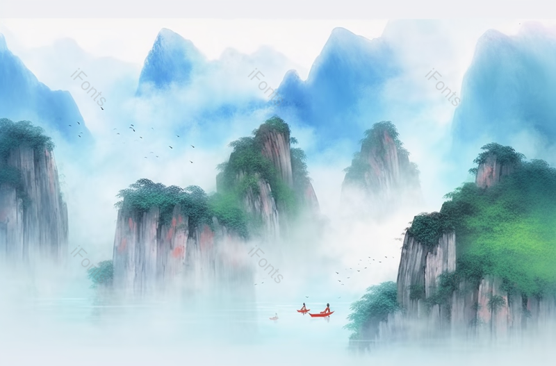 新中式蓝色水墨国潮山水画,插画/手绘图,插画/手绘图库,插画/手绘图下载,插画/手绘